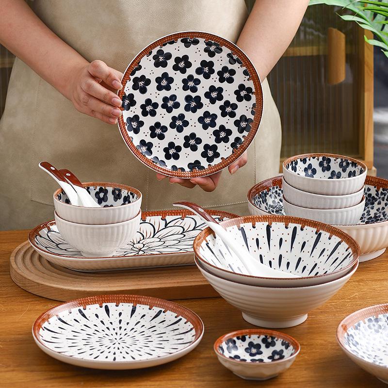 Bamboo Woven Japanese Ceramic Dishes, Dishes, Tableware Creative Retro Household Dishes, Dishes, Underglaze Colored Bowls, Dishes Set