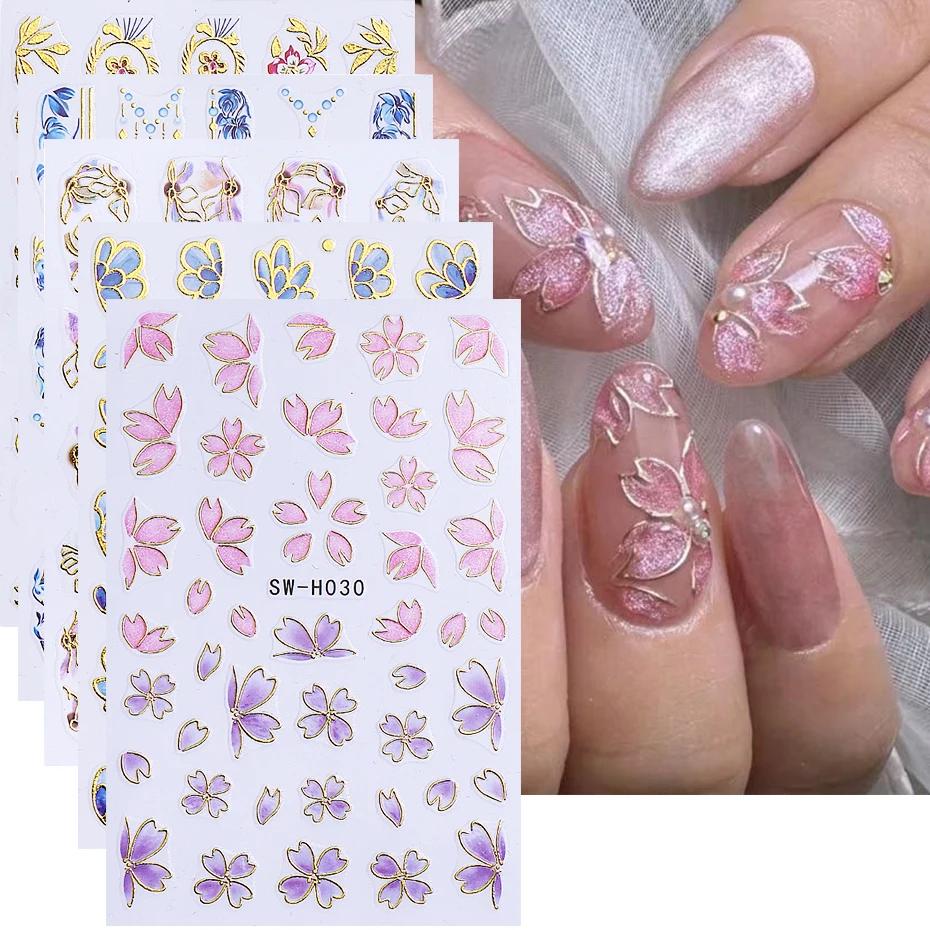 5pcs Metallic Gold Line Flower Nail Stickers 3D Bronzing Border Petals Sakura Leaf Nail Decals Slider DIY Elegant Manicure Decor
