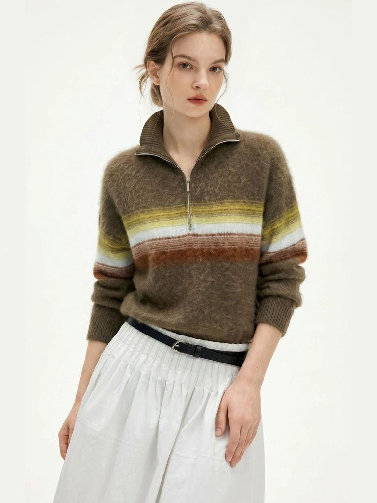 Women's High Neck Half-Zip Gradient Color Block Plush Knit Sweater – Cozy, Relaxed Autumn/Winter Essential