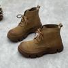Johnature Vintage Handmade Genuine Leather Thick Sole Short Boots Round Toe Lace Up Cowhide Women's Shoes