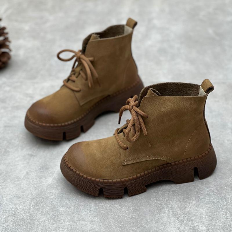Johnature Vintage Handmade Genuine Leather Thick Sole Short Boots Round Toe Lace Up Cowhide Women's Shoes
