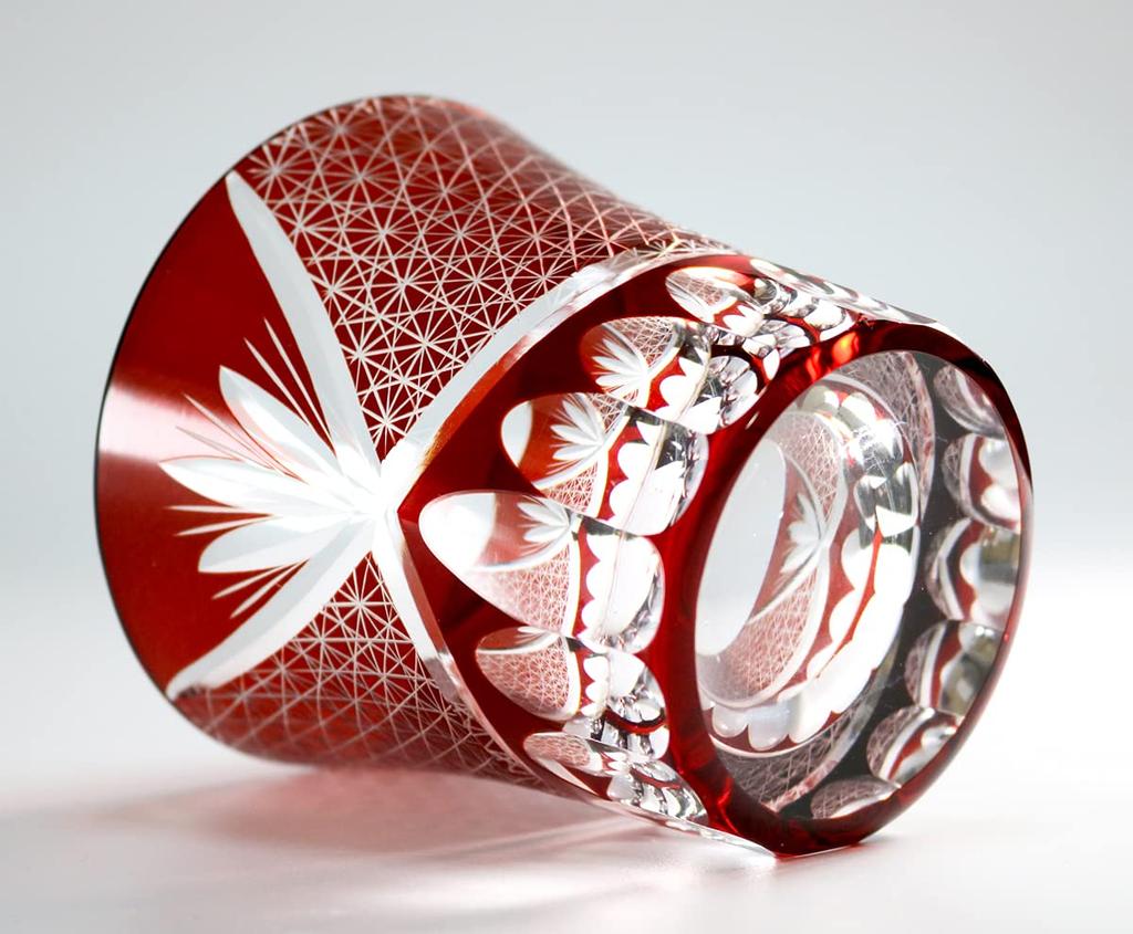 GREEM MARKET Crafts with Wooden Box Glasswork Kiriko Glass Cup Shochu Glass Chrysanthemum Tsunagi Pattern Kiriko Glass Product GMS00763 Number (Red)