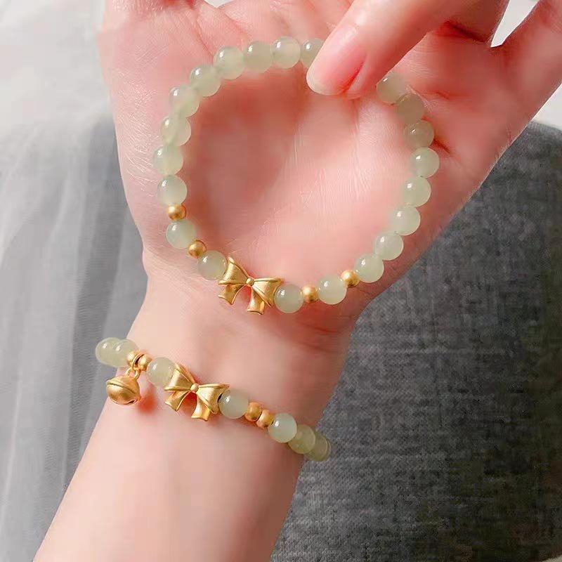 Vietnamese Sand Gold Bow Bracelet with Imitation Hetian Jade & Brass Gold-Plated Bells