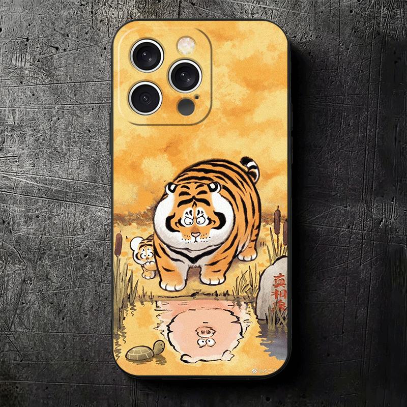 Мультяшный Толстый Тигр Смешной Мягкий Чехол для Телефона для iPhone 16 16E 17 Air 15 Pro Max 14 Plus 13 Mini 11 12 7 Черный Чехол Задняя Панель