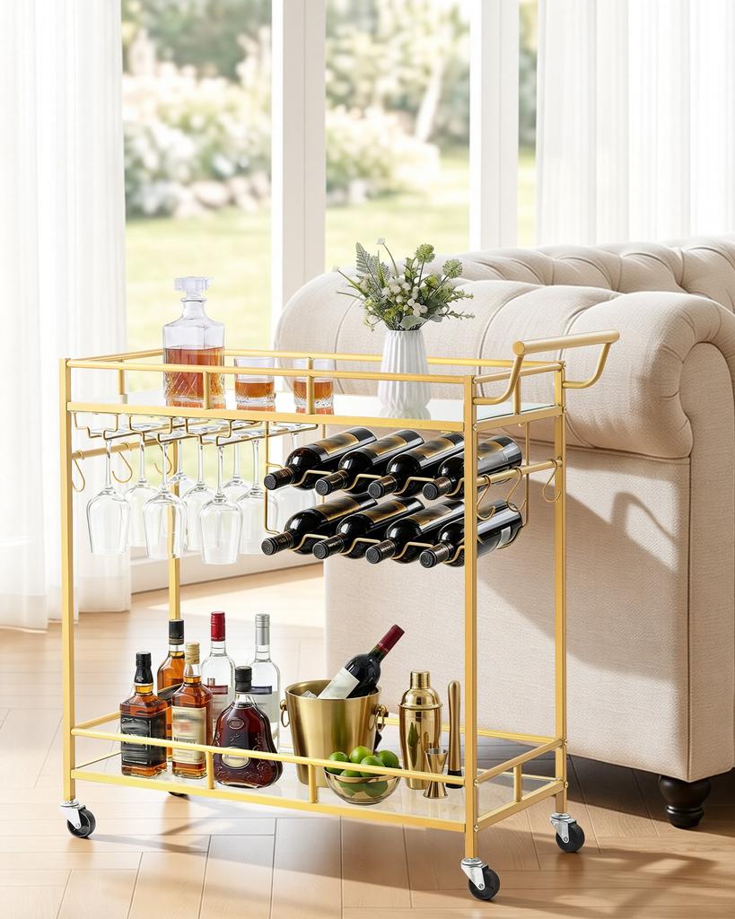 VEVOR Bar Cart, 2 Tiers Home Kitchen Serving Carts, Modern Rolling Utility Station on Wheels, Drink Beverage Trolley with Mirrored Glass Shelves