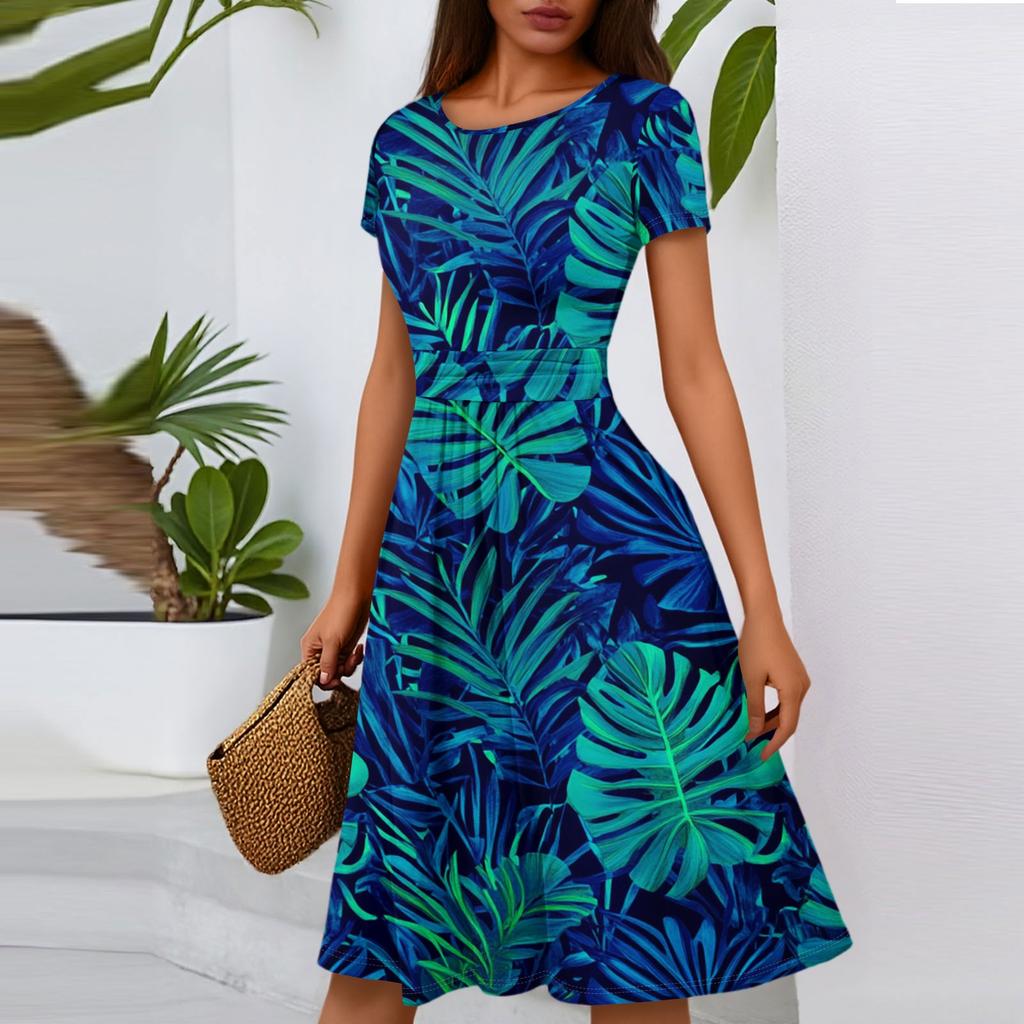 Женское повседневное модное платье миди А-силуэта с круглым вырезом, плиссированными короткими рукавами и цветочным принтом