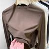 Spring and Autumn Simple Solid Color Round Neck Slim Long Sleeve Bottoming Shirt Women's New Style Mordai Small Stand Collar Top Trendy