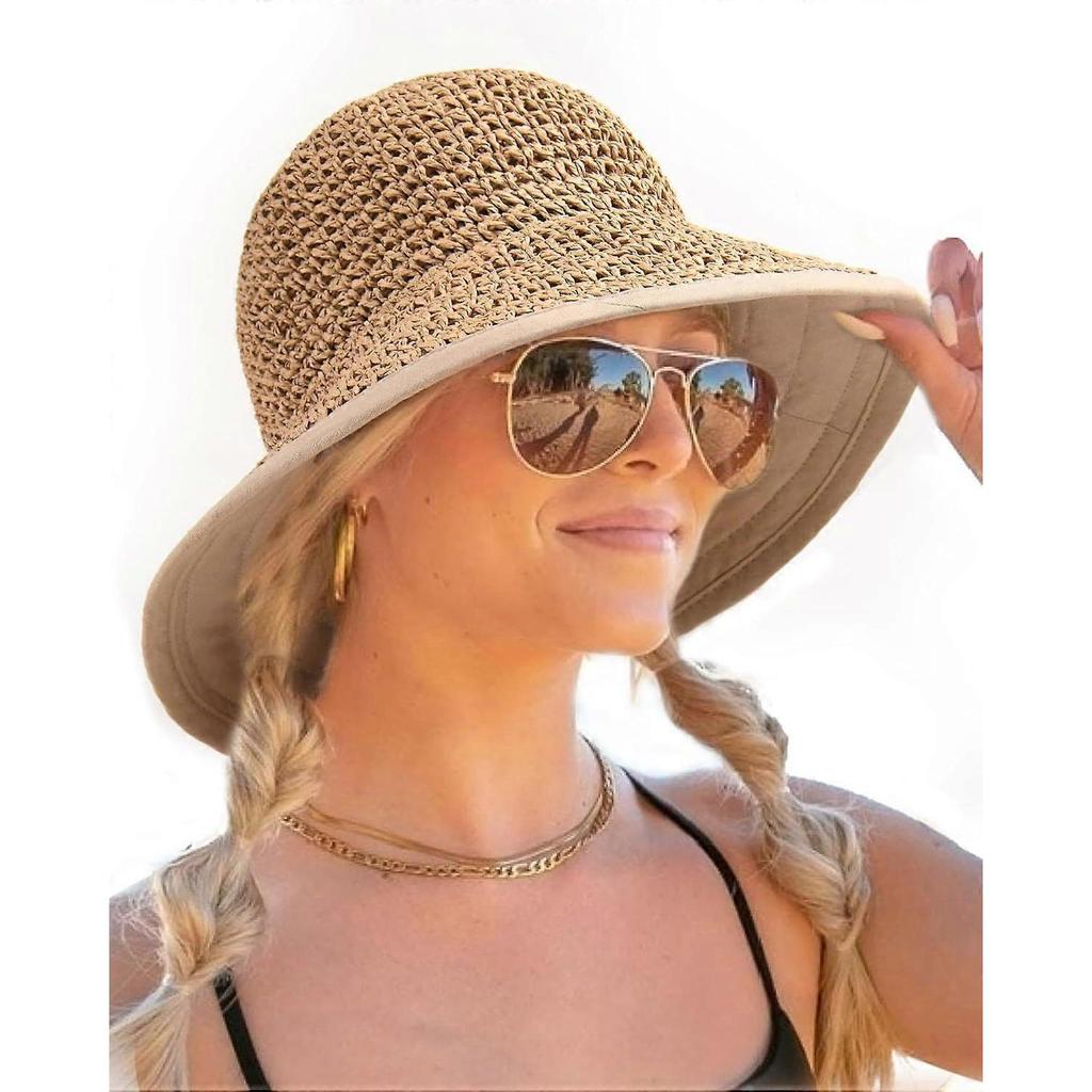 Summer Straw Beach Sun Hats for Women UPF 50 Floppy Wide Brim Travel Bucket Hat Foldable Packable