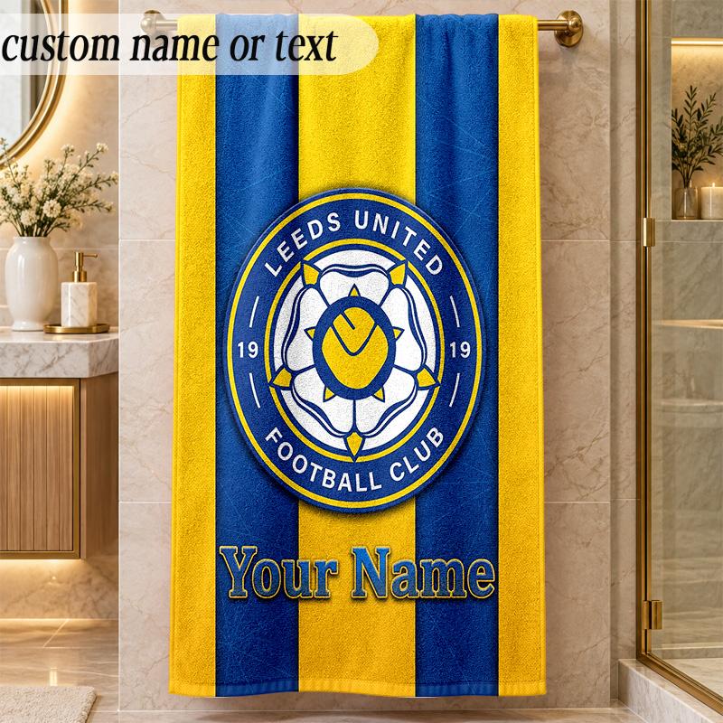 Пляжное полотенце Leeds United с индивидуальным именем и текстом, персонализированное, мягкое, для пляжа, бассейна, дома, декор, подарок