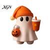 Milk Tea Ghost Gift Halloween Figurine, Cute Reading Statue, Ornament with Resin Collectibles Pumpkin Bucket, Skeleton Puppy Tabletop Decor