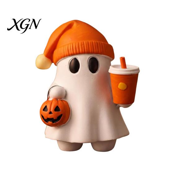 Milk Tea Ghost Gift Halloween Figurine, Cute Reading Statue, Ornament with Resin Collectibles Pumpkin Bucket, Skeleton Puppy Tabletop Decor