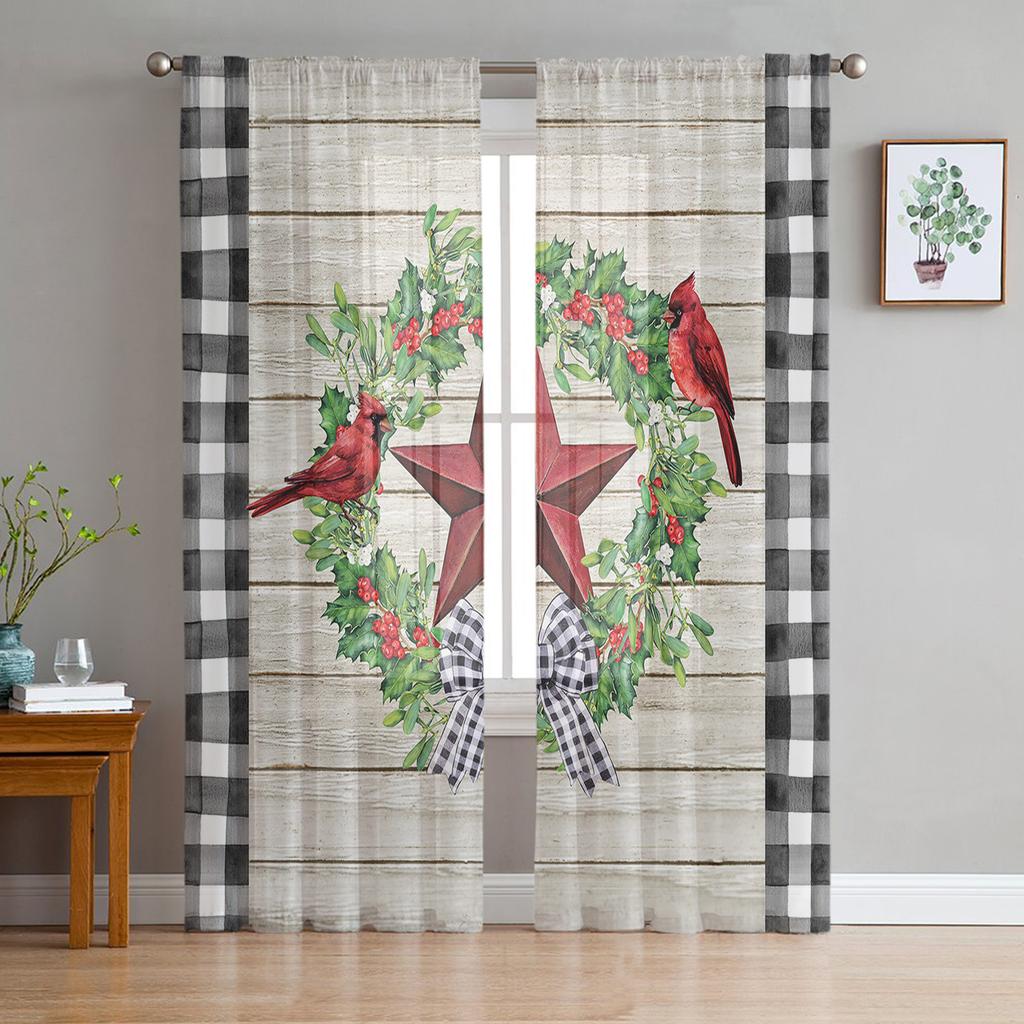 Christmas Berries Cardinals Wood Grain Sheer Curtains For Kids Bedroom Living Room Voile Curtains Xmas Kitchen Tulle Curtain