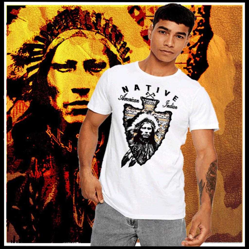 Native American Warrior Wearing Headdress Indigenous Indian Pride and Power Patterned Arrowhead T-Shirt