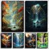 Natural Waterfall Paradise Green Mountain Forest Lake Landscape Poster Canvas Painting Wall Art Pictures Home Decor Gift