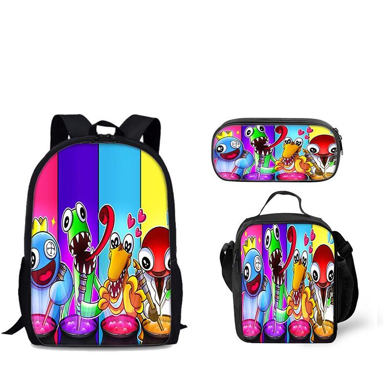 Rainbow Friends Themed Backpack Set With Lunch Tote Pencil Case - Unisex Nylon School Travel Bag 20-35L