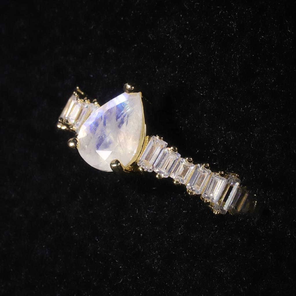 Unique Design Exquisite Baguette Cz Size Stones Natural Faceted Moonstone 925 Silver Wedding Simple Rings Gold Plated
