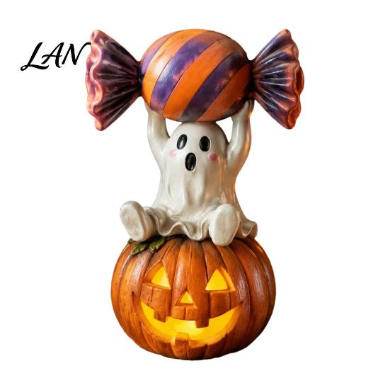 Whimsical Ghost Statue Halloween Figurine, Cute Sitting on Pumpkin Holding Candy Souvenir Gift Statue, Spooky Resin Table Ornament for Indoor