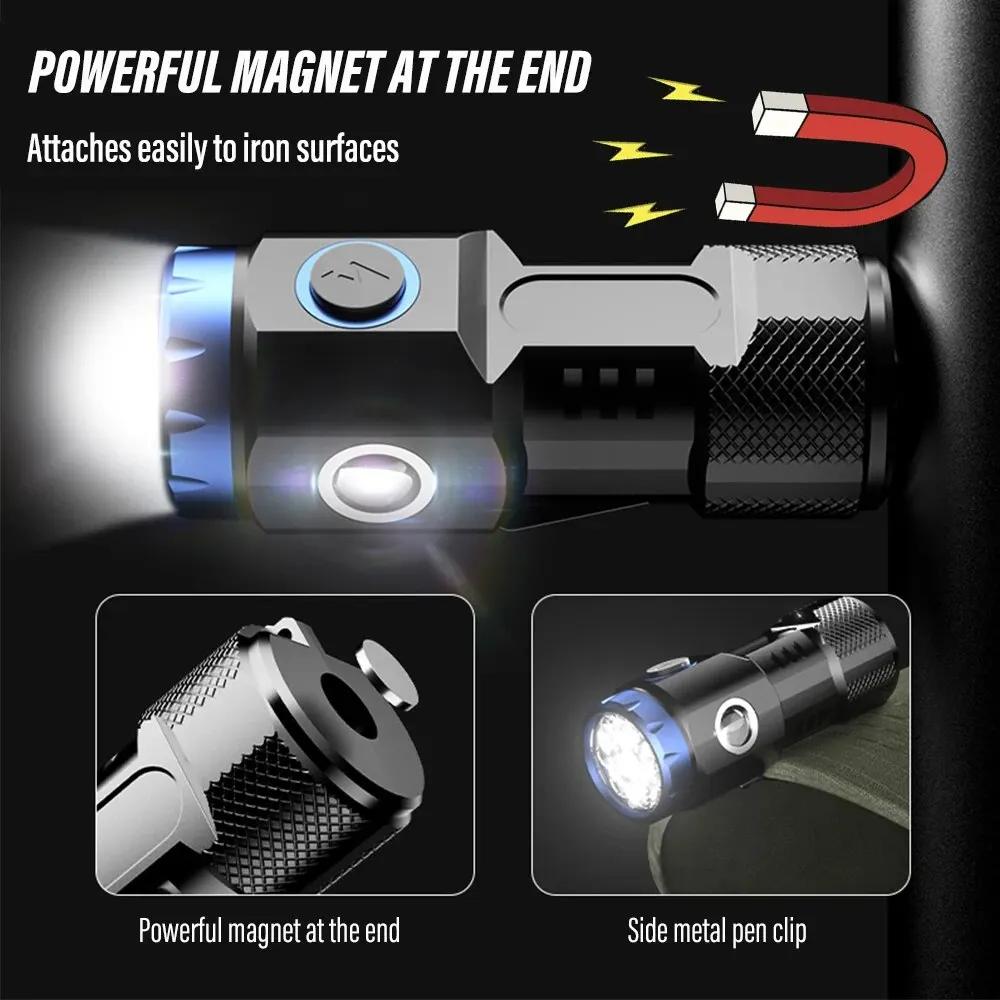 MINI Rechargeable LED Flashlight Camping Light with Side Lights, Built-in Battery, Outdoor Portable Emergency Light