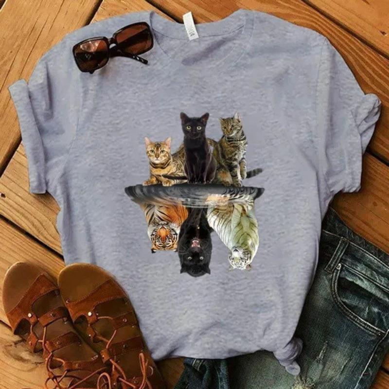 Летняя 3D цифровая печать три кота светоотражающая сетка дышащая толстовка с коротким рукавом круглый вырез свободные футболки женские