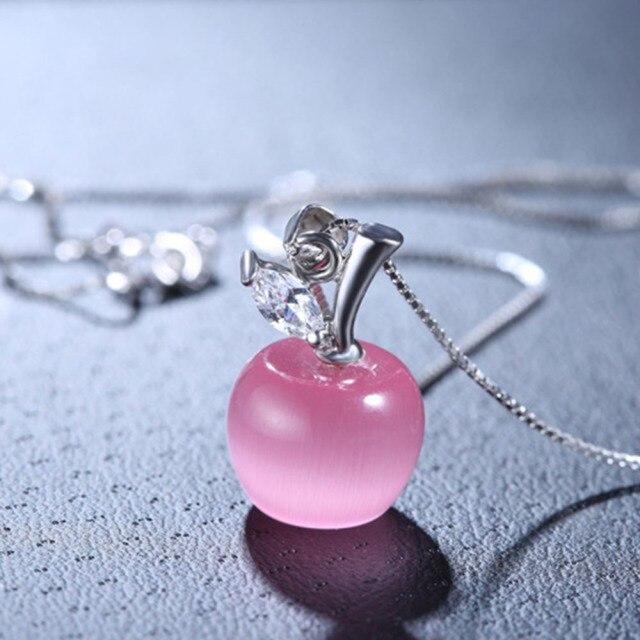New 925 Sterling Silver Women Pendant Necklace Fashion High Quality Pink Opal Apple Shape Clavicle Chain Jewelry Length 45CM