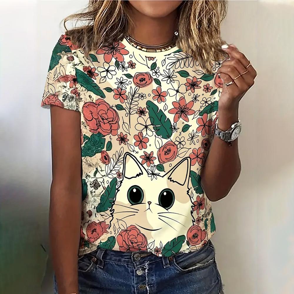 Женская мода 3D абстрактный рисунок кошки напечатаны короткие рукава топы 2024 новая женская одежда футболки летние свободные блузки и футболки