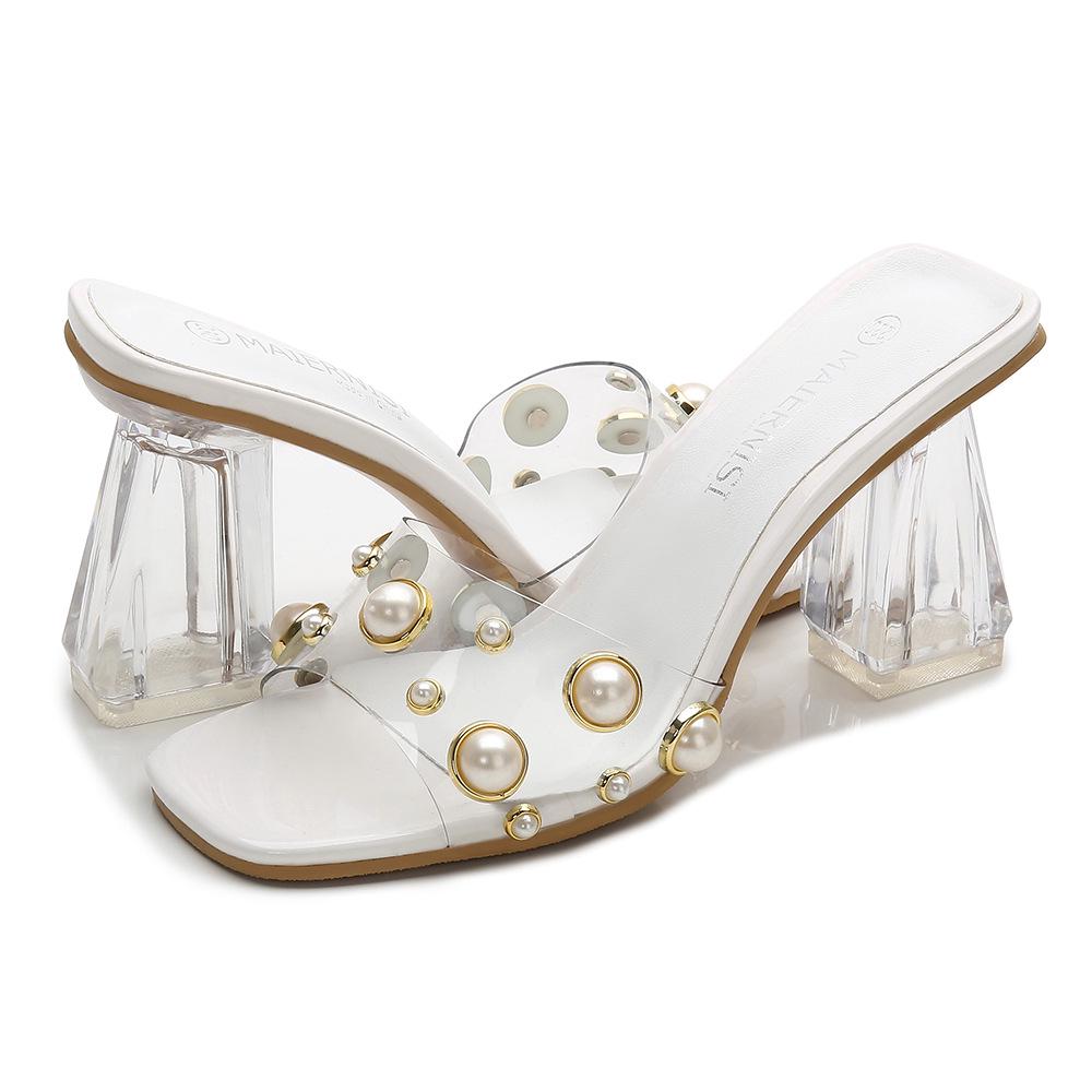 New Thick Heel Large Size Square Head Sandals, Rhinestone Women's Slippers for Summer Wear, Transparent Heel Sandals