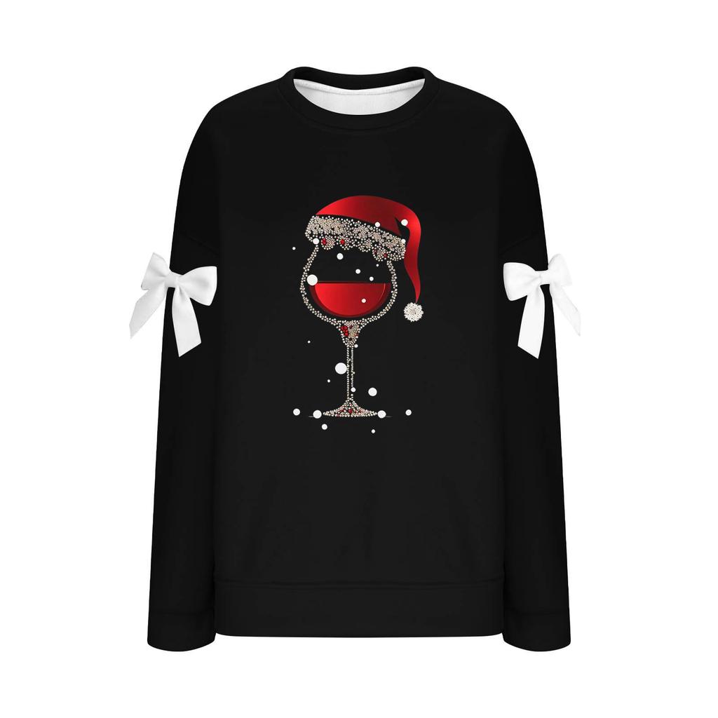 Ladies' Christmas Printed Bow Round Neck Long Sleeved Loose Pullover Sweater Sweatshirt Top
