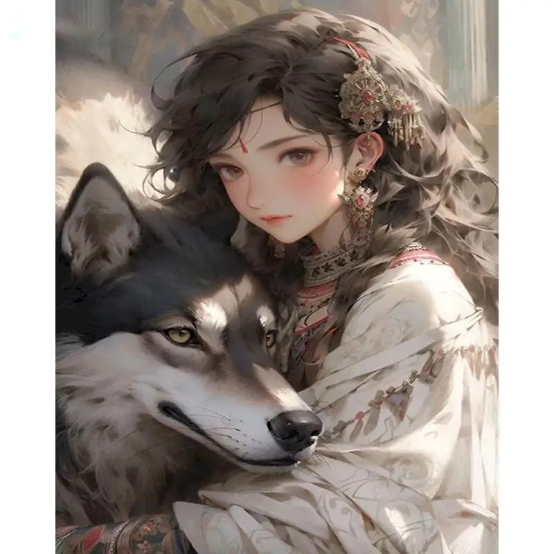 RUOPOTY Diy Painting By Numbers Kit Frame Girl and Wolf Picture Coloring By Numbers For Adults Handicrafts Home Decor