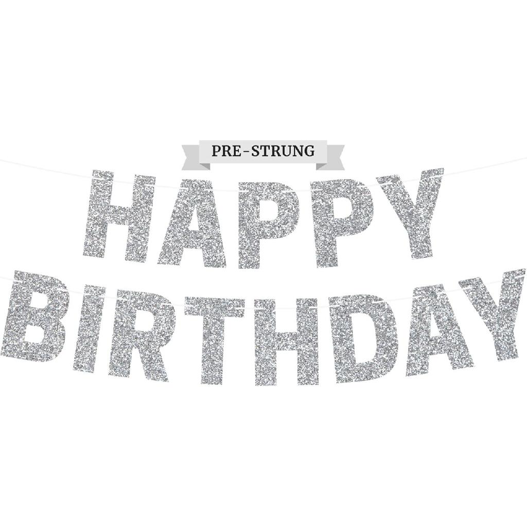 Pre-strung Happy Birthday Banner - No DIY - Gold Glitter Birthday Party Banner for Men & Women - Pre-strung Garland on 8 ft Strands - Gold Bday Party