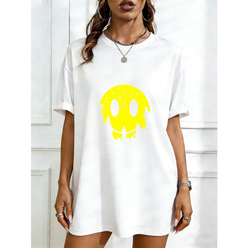 Oversized T Shirt Black Yellow Skull Print With Birds And Trees Graphic For Casual Streetwear Style