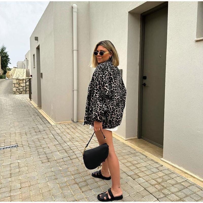 Fashion Leopard Zipper Long Sleeved Women's Jacket Retro Round Neck Street Casual Outwears Female Autumn Commute Coat