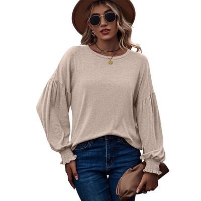 Верхняя осенне-зимняя футболка с круглым вырезом и плиссированными рукавами-фонариками