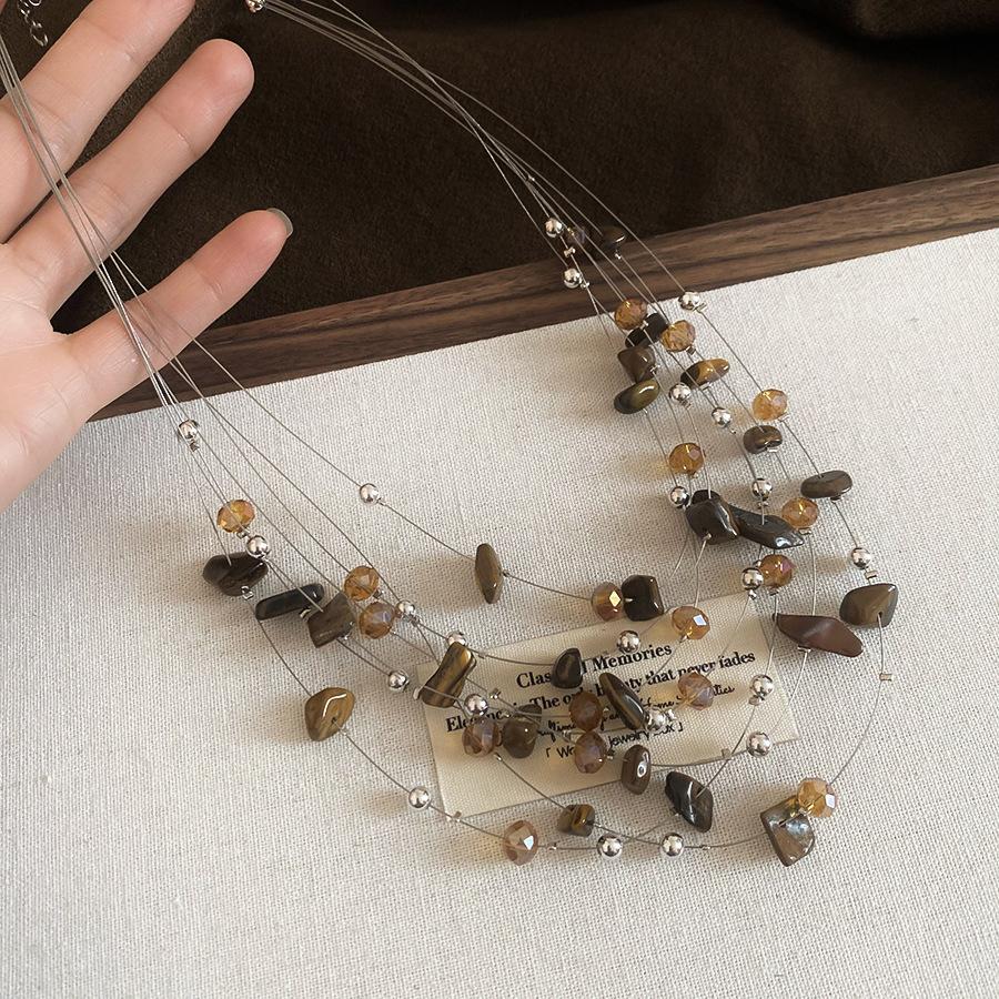 Maillard Multi-layer Tiger's Eye Stone Necklaces for Women Retro Stackable Glass Bead Sweater Neck Chain Charms Jewelry Gifts K1