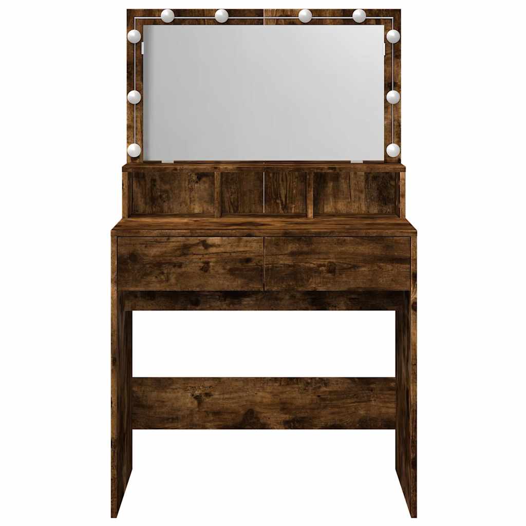 Makeup Vanity with LED Lighting Smoked Oak Finish 80 x 41 x 134.5 cm
