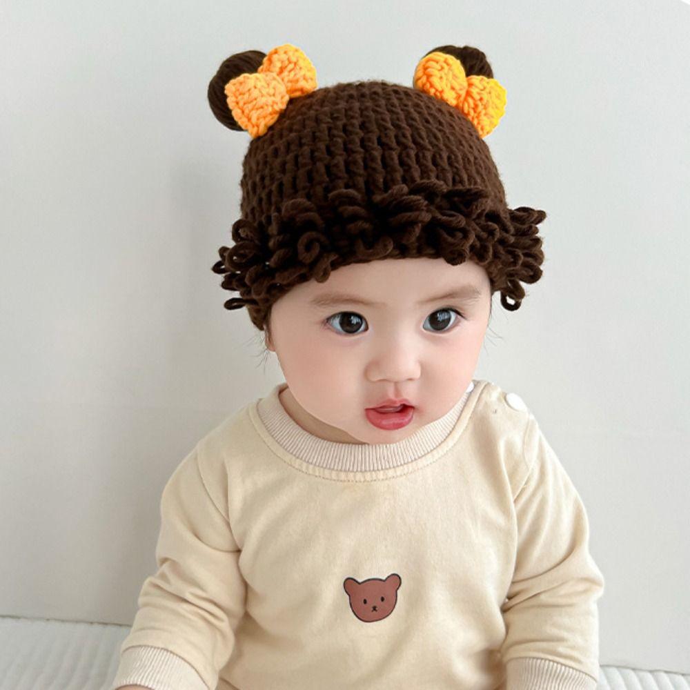 Осенне-зимний парик для малышей, шапка с бантом, шапки-бини для младенцев, парик, детская вязаная шапка, парик, подарок на Новый год