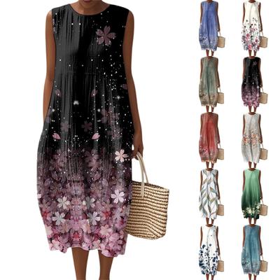 Женское модное повседневное платье без рукавов с круглым вырезом и цветочным принтом, элегантное, темпераментное