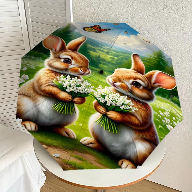 1PC Bunnies Flowers Umbrella-8-Rib Reinforced, Automatic Open, Lightweight & Durable, Fashion Accessory for Outdoor, J0329