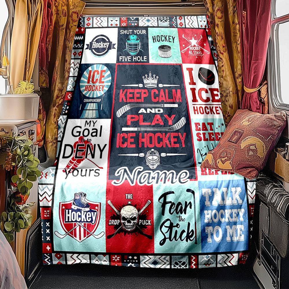 Ice Hockey Sports Design Elements Background Blanket Personalized Name Soft Comfortable Stylish Blanket Car Blanket Perfect For Travel Camping Outdoor