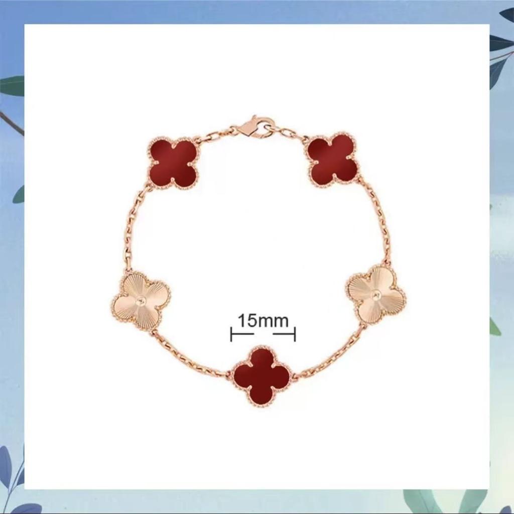 Браслет с четырехлистным клевером и пятью цветами, женский, 18k, с цветком удачи, с белым перламутром