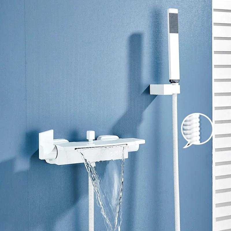 Bathroom Tub Faucet Single Handle Waterfall Spout Mixer Tap with Hand Shower Wall Mounted Bath Faucet Bathtub Faucet Water Mixer