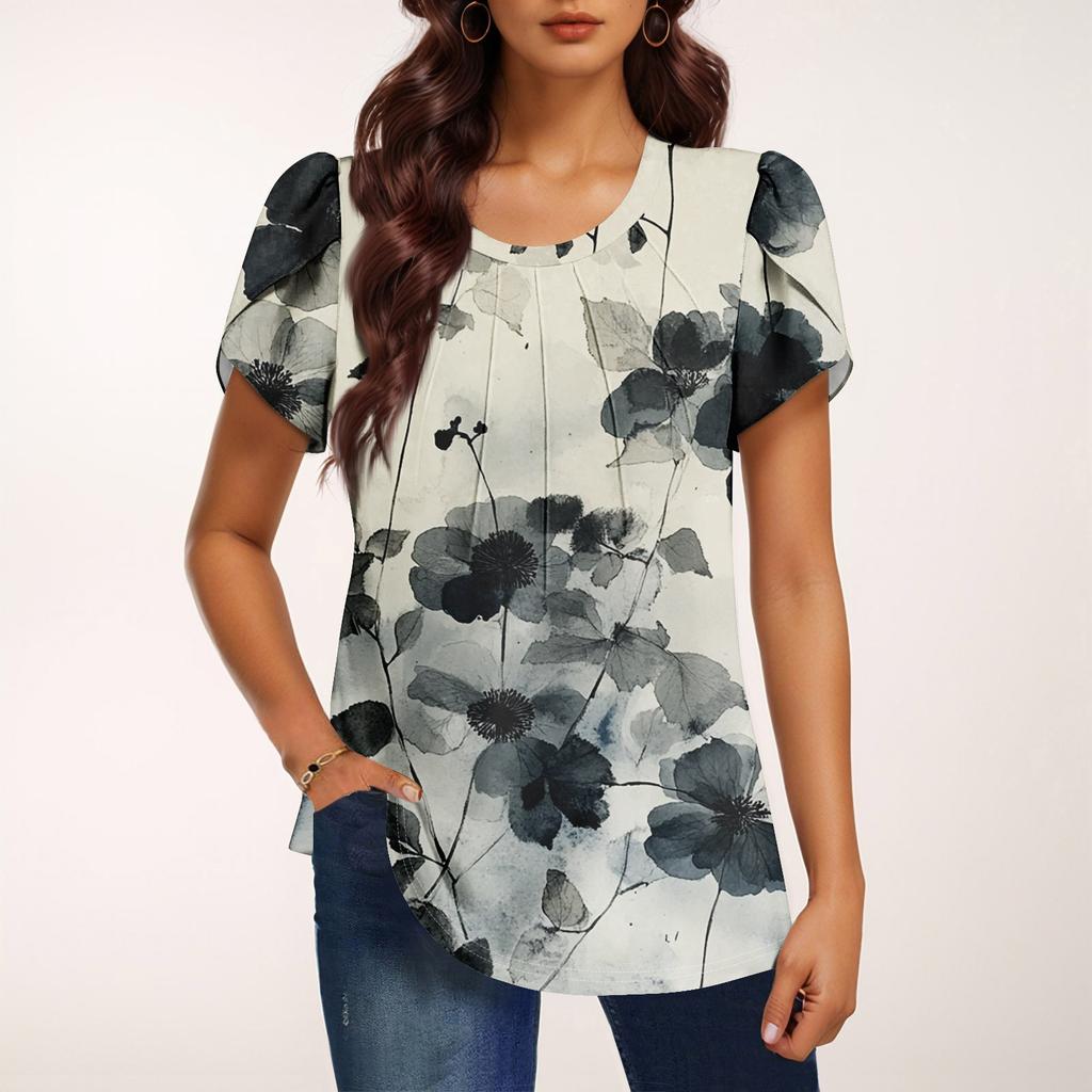 Women's Fashionable Round Neck Short Sleeve Printed Casual Basic Pleated Pullover T-shirt Top