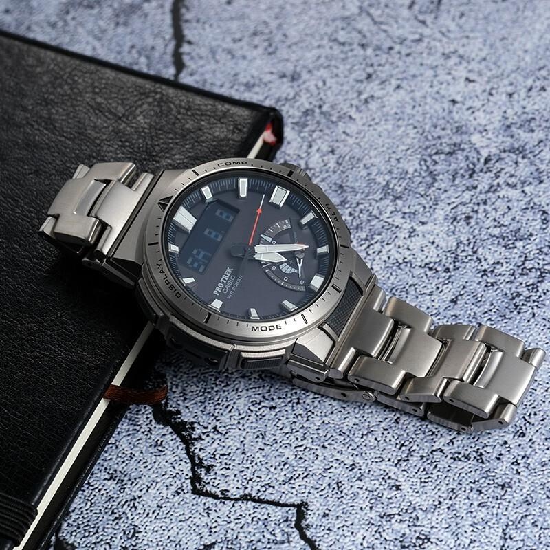 Casio Серия PRO TREK-Дисковый двойной дисплей Металлический Наручный Радиоуправляемый Солнечный Спортивный Водонепроницаемый Кварцевый Механизм Титановый Ремешок PRW-70YT-7PRD