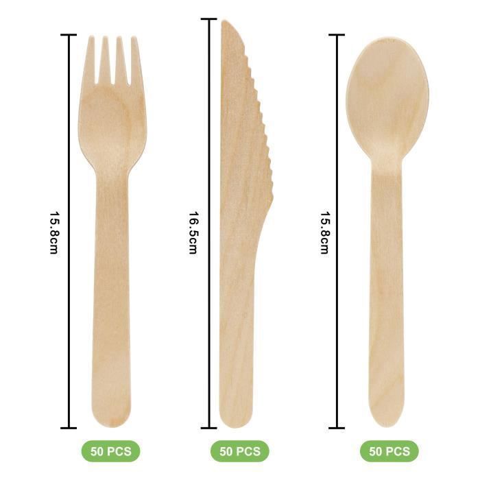 Couverts jetables en bois - exzact - 150 pièces - 100% biodégradables - idéal pour événements - robuste et lisse