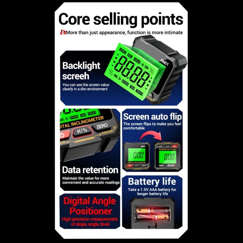 Цифровой уровень-коробка с сильным магнитным основанием, 2 режима измерения, светодиодный дисплей, угломер для прецизионной калибровки