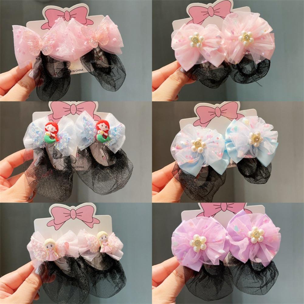 2PCS Mermaid Girls Elastic Hair Net Spring Clip Hair Bun Cover Sweet Ballet Hair Net  Kids
