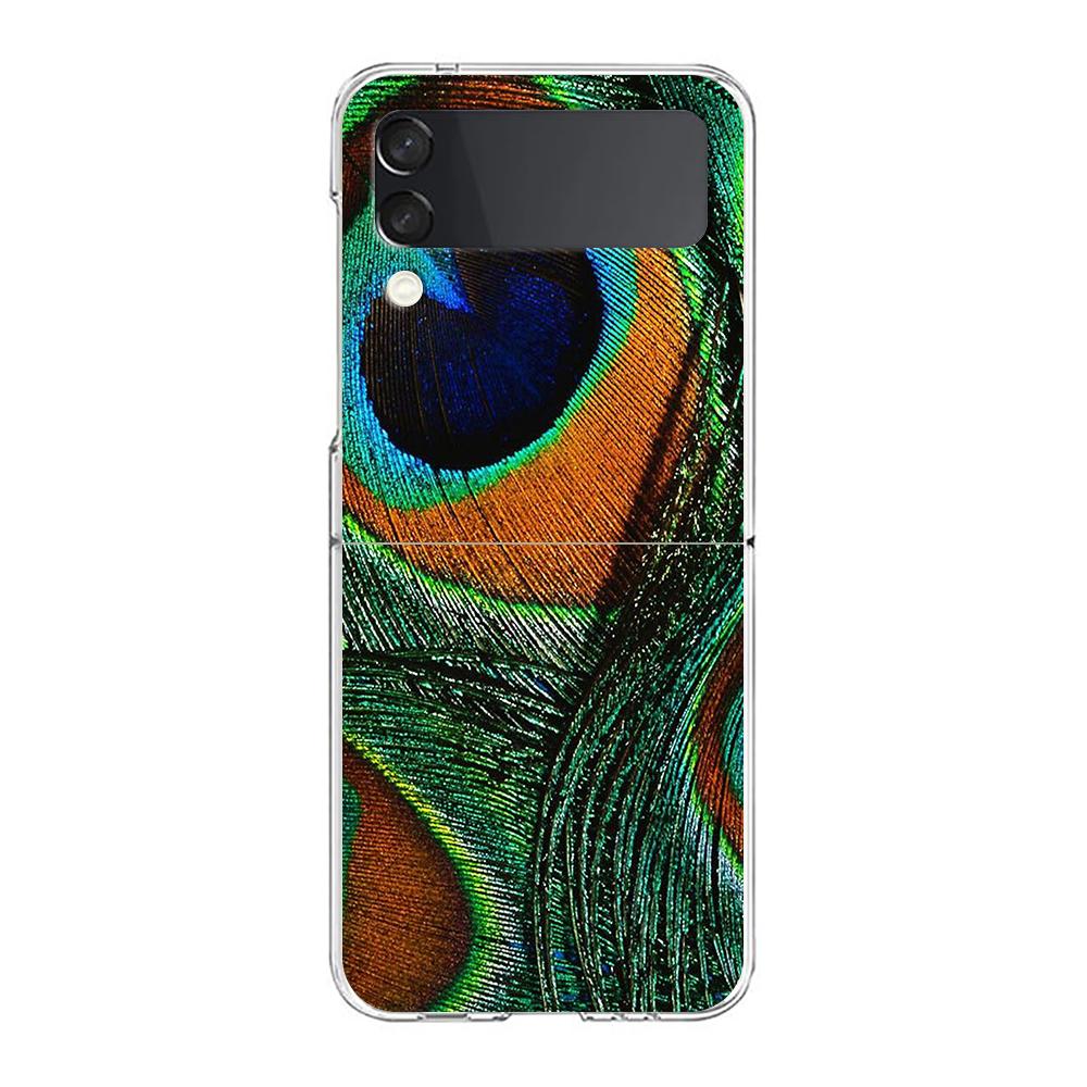 Peacock Feathers Hard PC Phone Case For Samsung Galaxy Z Flip 5 4 3 Transparent Cover For Galaxy Z Flip 6 Foldable Shockproof