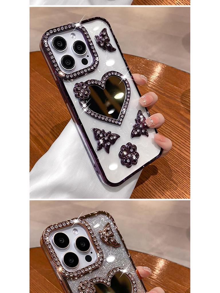 Применимый чехол-зеркало с блестящими стразами в форме сердца для iPhone 17 Pro Max - Совместим с iPhone 16/15, Блестящая защитная накладка