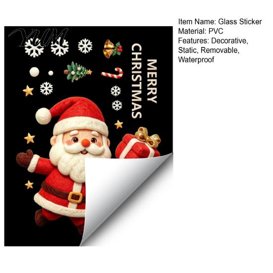 Christmas Party Supplies Santa Claus Static Glass Sticker, Removable PVC Window Decal, Waterproof Winter Seasonal Decorations Wall Art Decor for Doors