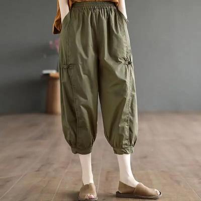 Хлопковые модные шаровары с семью точками для женщин, летние тонкие эластичные брюки с высокой талией, однотонные повседневные шаровары с карманами