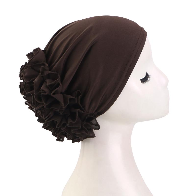 Women's Breathable Elastic Chiffon Hat with Large Flowers Solid Color Thin Bottom Cap Islamic Head Wrap African Bandana Head